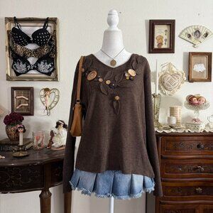 90's quirky whimsical fairy boho brown floral sweater w funky buttons